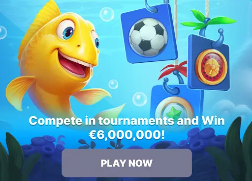 Poisson jaune souriant sous l'eau à côté de cartes suspendues représentant des symboles sportifs comme un ballon de football, une roulette et une étoile, sur fond bleu vif et avec des bulles ludiques.