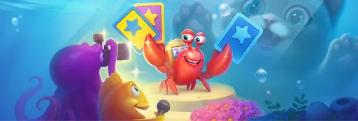 Scène sous-marine avec un crabe rouge joyeux tenant des cartes étoiles bleues et jaunes, entouré d'une pieuvre violette filmant et d'un poisson jaune souriant interviewant au micro, sous l'œil curieux d'un gros chat.