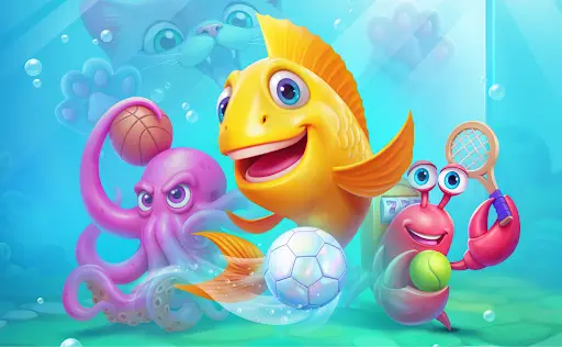 Scène aquatique amusante avec un poisson jaune, un poulpe rose et un crabe rouge jouant à des sports sous l’eau — football, basket et tennis — entourés de bulles et d’un grand chat observateur.